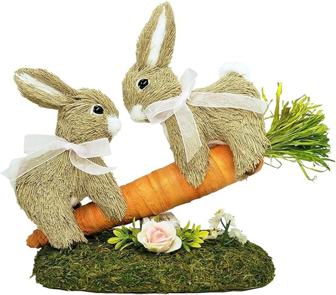 8.9 Inches Sisal Easter Bunny Decor on Carrot Seesaw, Natural Straw Easter Decorations Bunny Figurine on Moss Meadow as Spring Decor, Easter Table Decor